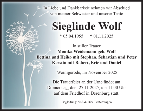 Traueranzeige von Sieglinde Wolf von Volksstimme Wernigerode