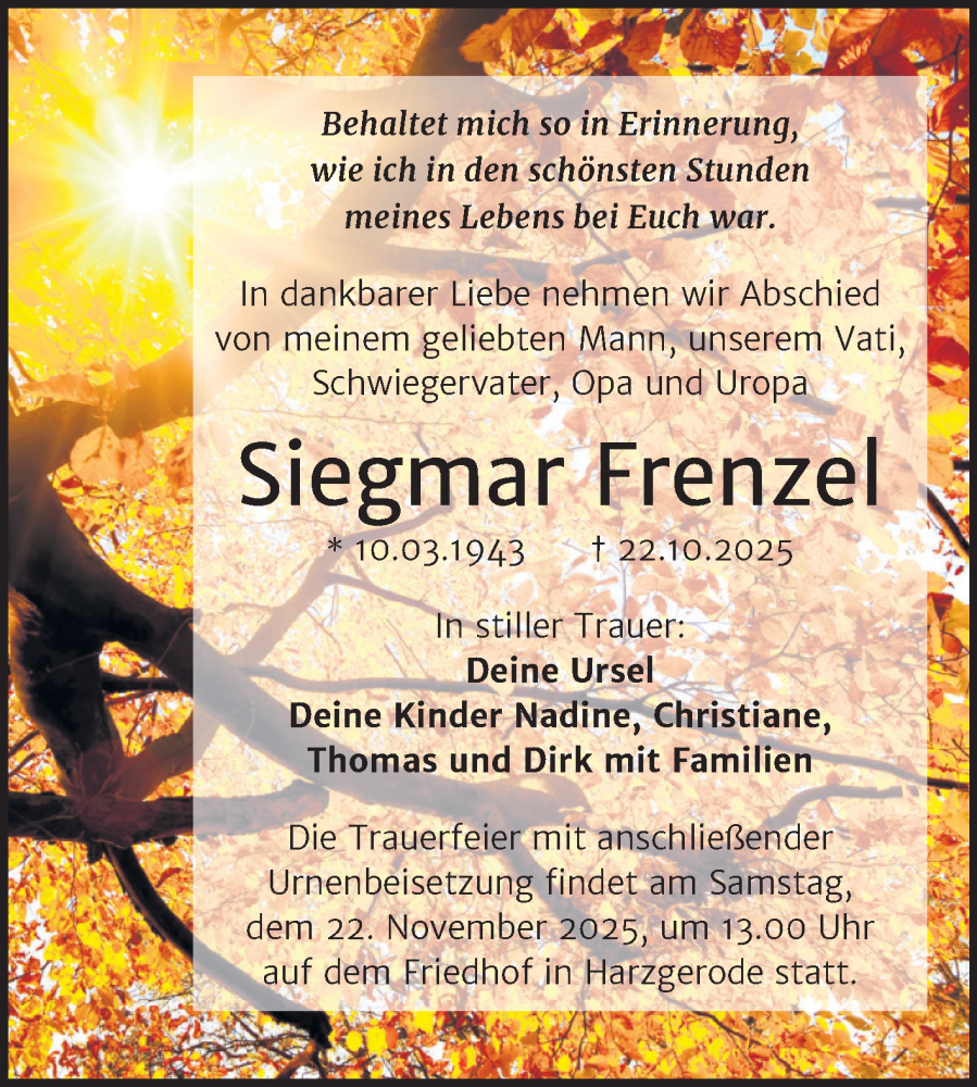  Traueranzeige für Siegmar Frenzel vom 05.11.2025 aus Trauerkombi Quedlinburg