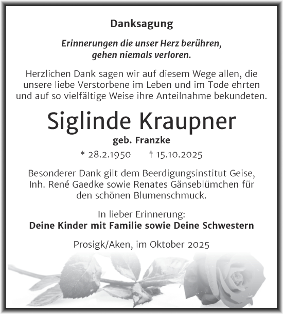 Traueranzeige von Siglinde Kraupner von Trauerkombi Köthen