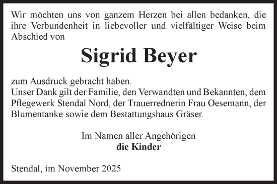Traueranzeige von Sigrid Beyer von Volksstimme Altmark Ost