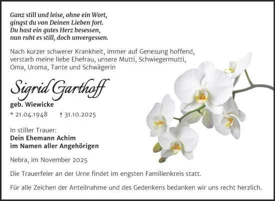 Traueranzeige von Sigrid Garthoff von Super Sonntag Naumburg/Nebra