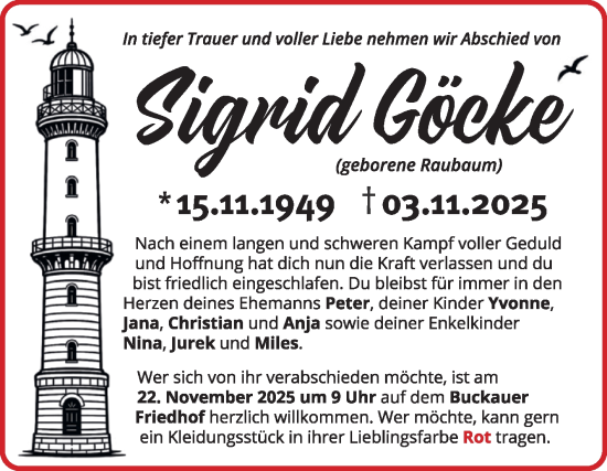Traueranzeige von Sigrid Göcke von Volksstimme Magdeburg