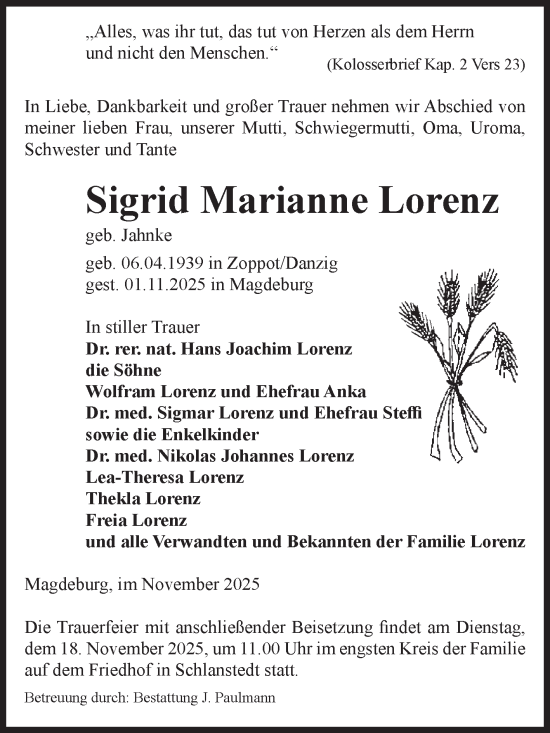 Traueranzeige von Sigrid Marianne Lorenz von Volksstimme Halberstadt