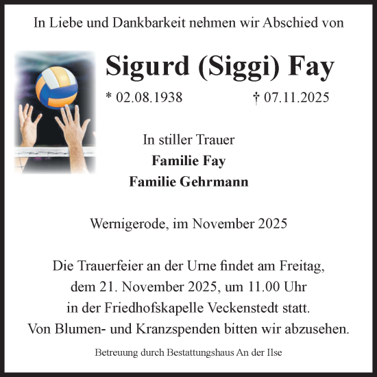 Traueranzeige von Sigurd Fay von Volksstimme Wernigerode