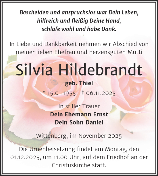Traueranzeige von Silvia Hildebrandt von Trauerkombi Wittenberg