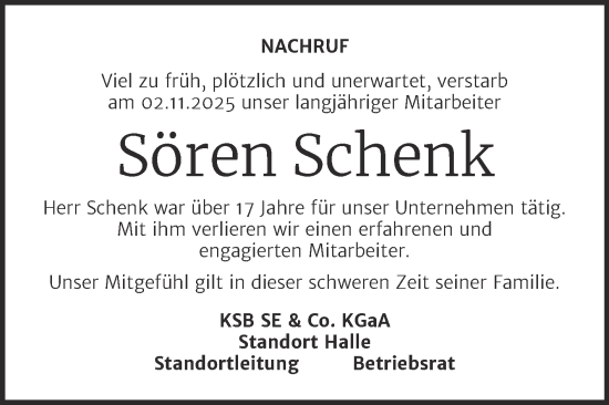 Traueranzeige von Sören Schenk von Mitteldeutsche Zeitung Halle/Saalkreis