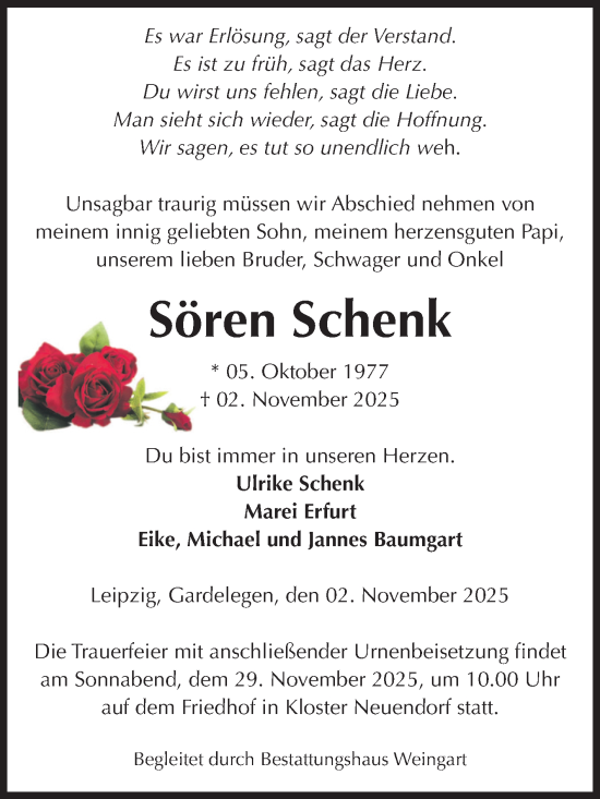 Traueranzeige von Sören Schenk von Volksstimme Altmark West