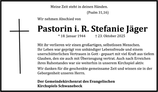 Traueranzeige von Stefanie Jäger von Volksstimme Halberstadt