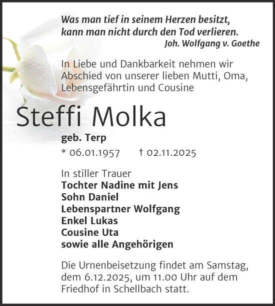 Traueranzeige von Steffi Molka von Trauerkombi Zeitz
