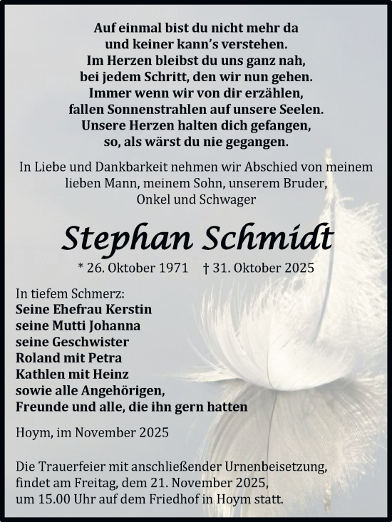 Traueranzeige von Stephan Schmidt von Trauerkombi Aschersleben