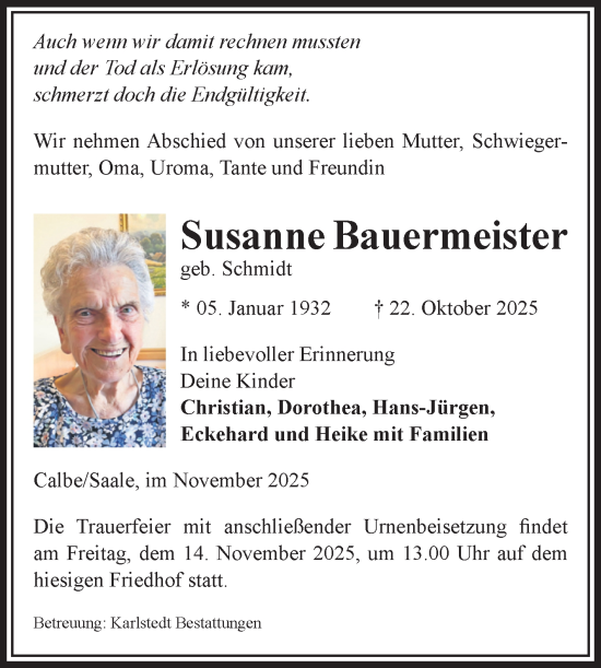 Traueranzeige von Susanne Bauermeister von Volksstimme Schönebeck