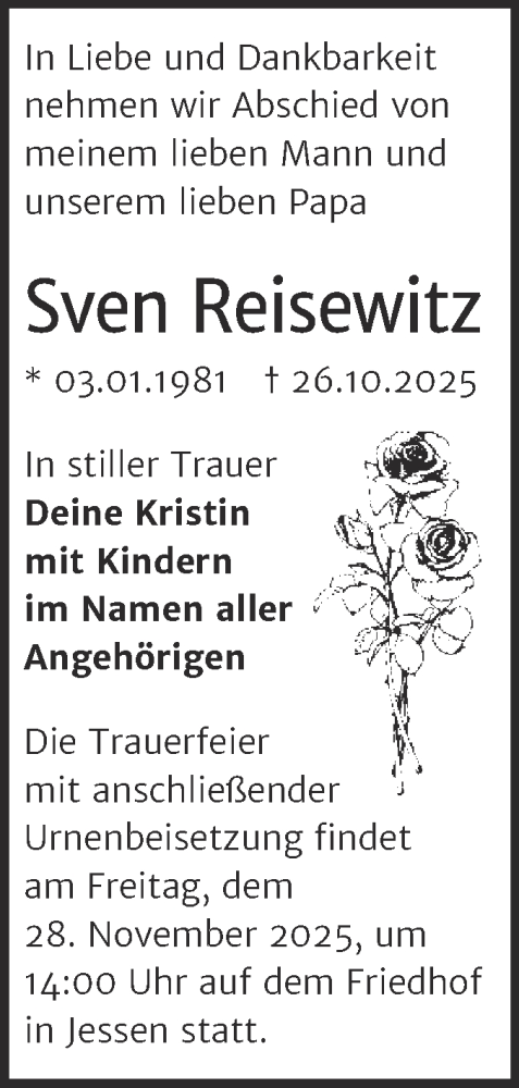 Traueranzeige von Sven Reisewitz von Trauerkombi Wittenberg
