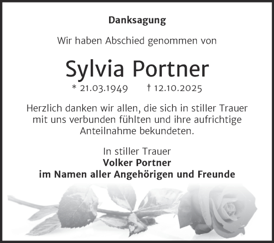 Traueranzeige von Sylvia Portner von Trauerkombi Sangerhausen