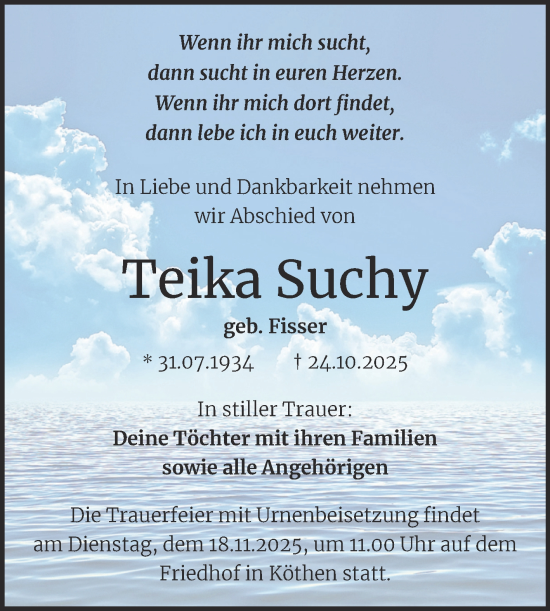 Traueranzeige von Teika Suchy von Trauerkombi Köthen