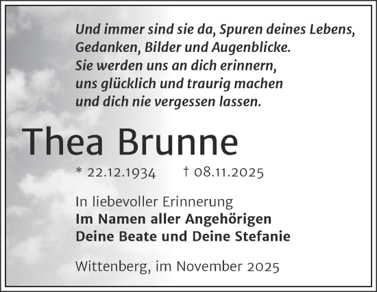 Traueranzeige von Thea Brunne von Trauerkombi Wittenberg