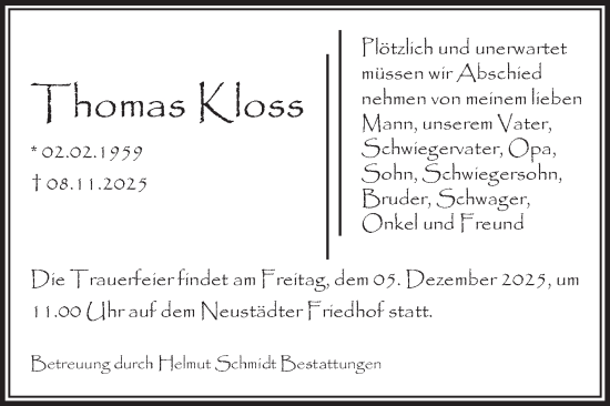 Traueranzeige von Thomas Kloss von Volksstimme Magdeburg