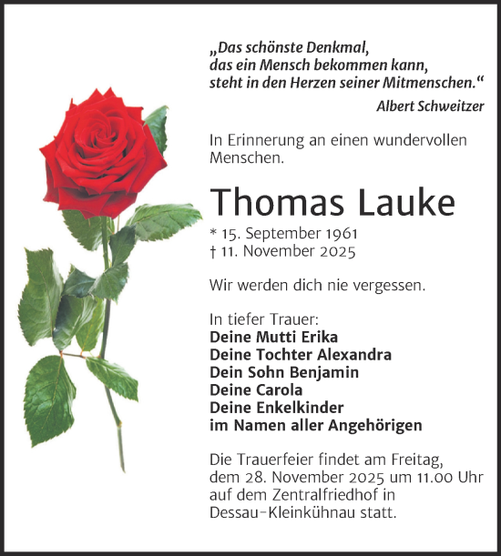 Traueranzeige von Thomas Lauke von Trauerkombi Dessau
