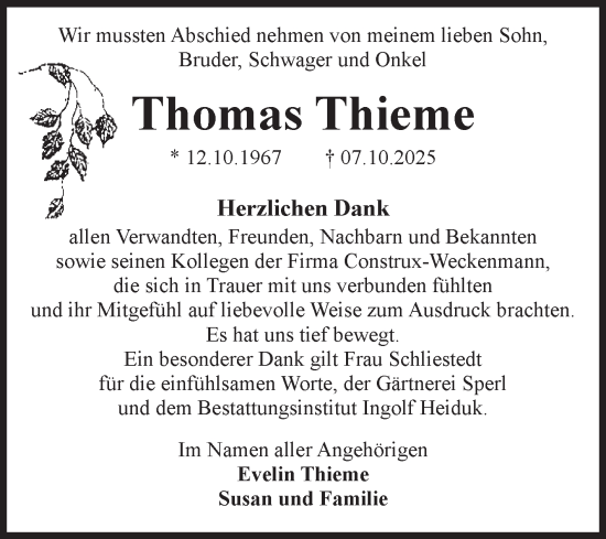 Traueranzeige von Thomas Thieme von Volksstimme Schönebeck