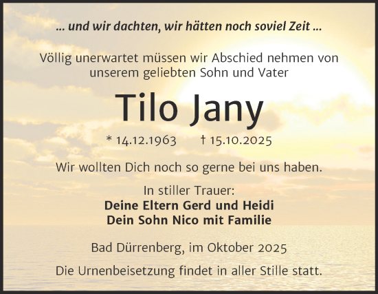 Traueranzeige von Tilo Jany von Trauerkombi Merseburg