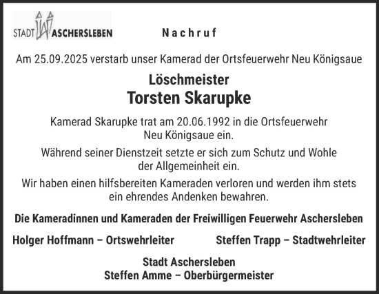 Traueranzeige von Torsten Skarupke von Super Sonntag Aschersleben