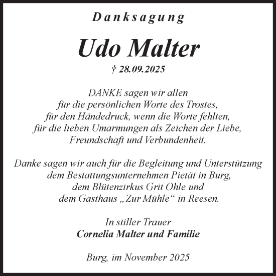 Traueranzeige von Udo Malter von Volksstimme Burg/Genthin