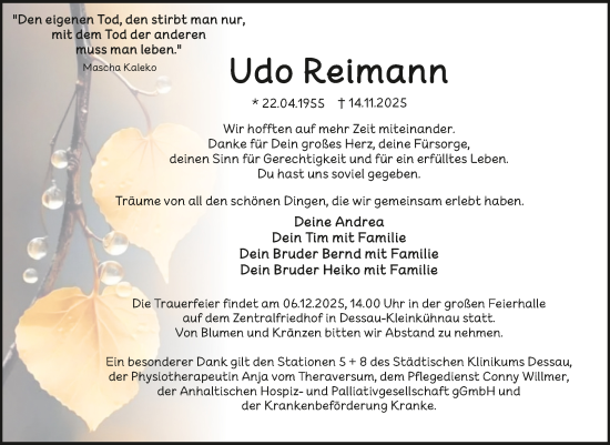 Traueranzeige von Udo Reimann von Trauerkombi Dessau
