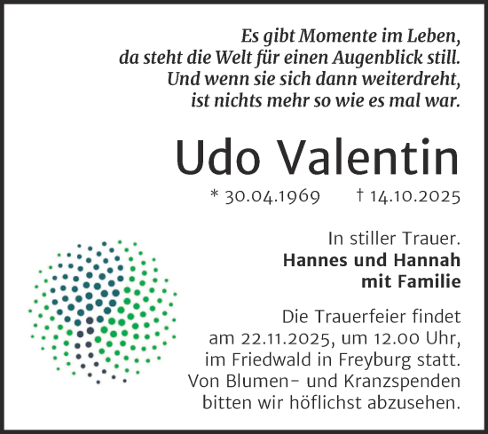 Traueranzeige von Udo Valentin von Trauerkombi Merseburg