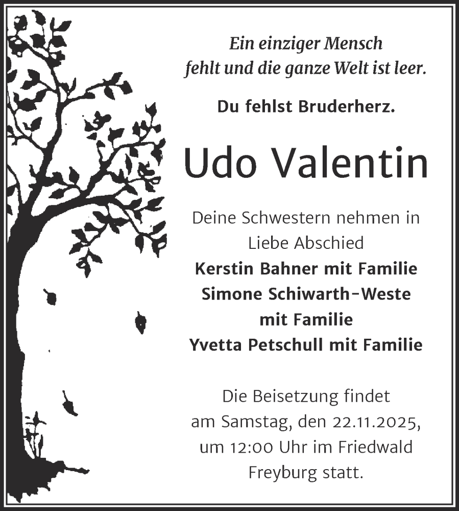  Traueranzeige für Udo Valentin vom 15.11.2025 aus Trauerkombi Merseburg