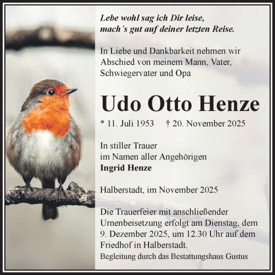 Traueranzeige von Udo Otto Henze von Volksstimme Halberstadt