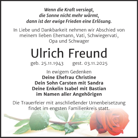 Traueranzeige von Ulrich Freund von Trauerkombi Wittenberg
