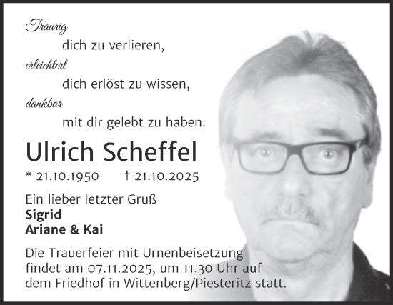Traueranzeige von Ulrich Scheffel von Trauerkombi Wittenberg