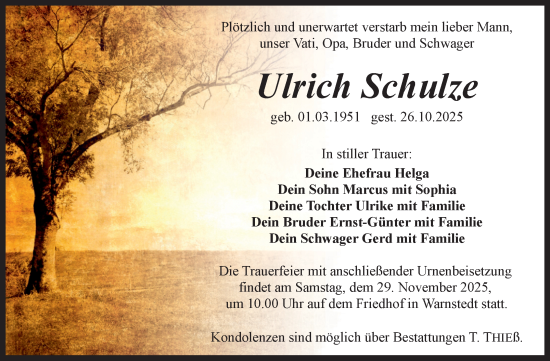 Traueranzeige von Ulrich Schulze von Trauerkombi Quedlinburg