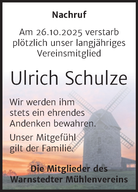 Traueranzeige von Ulrich Schulze von Trauerkombi Quedlinburg