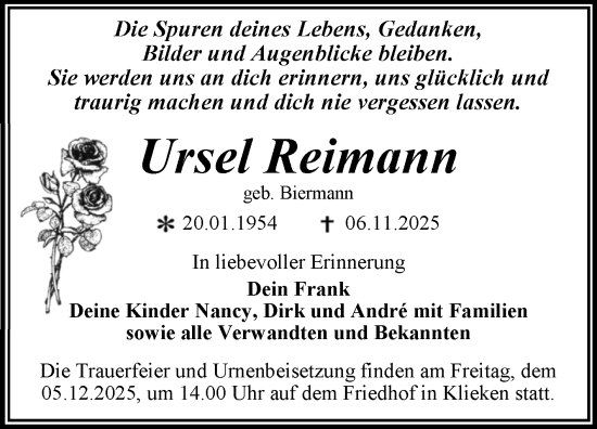 Traueranzeige von Ursel Reimann von Trauerkombi Dessau