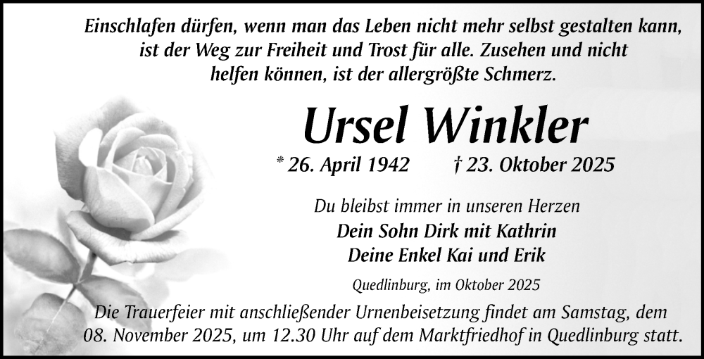  Traueranzeige für Ursel Winkler vom 01.11.2025 aus Trauerkombi Quedlinburg