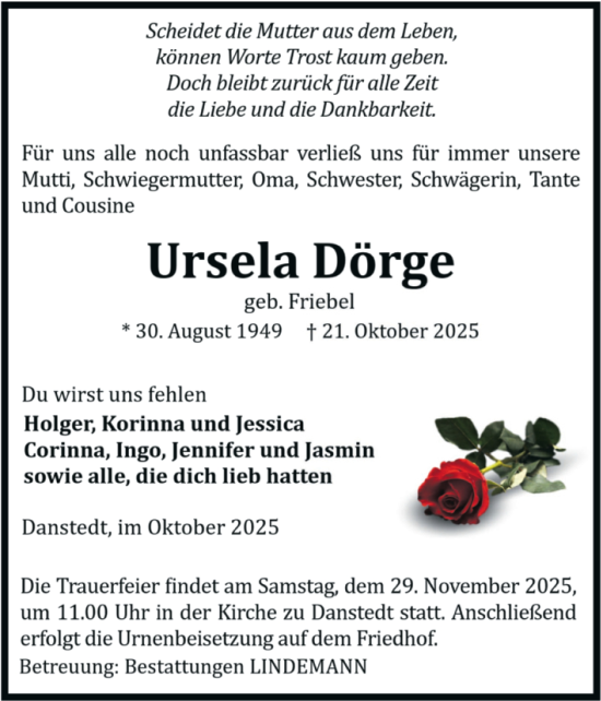Traueranzeige von Ursela Dörge von Volksstimme Wernigerode