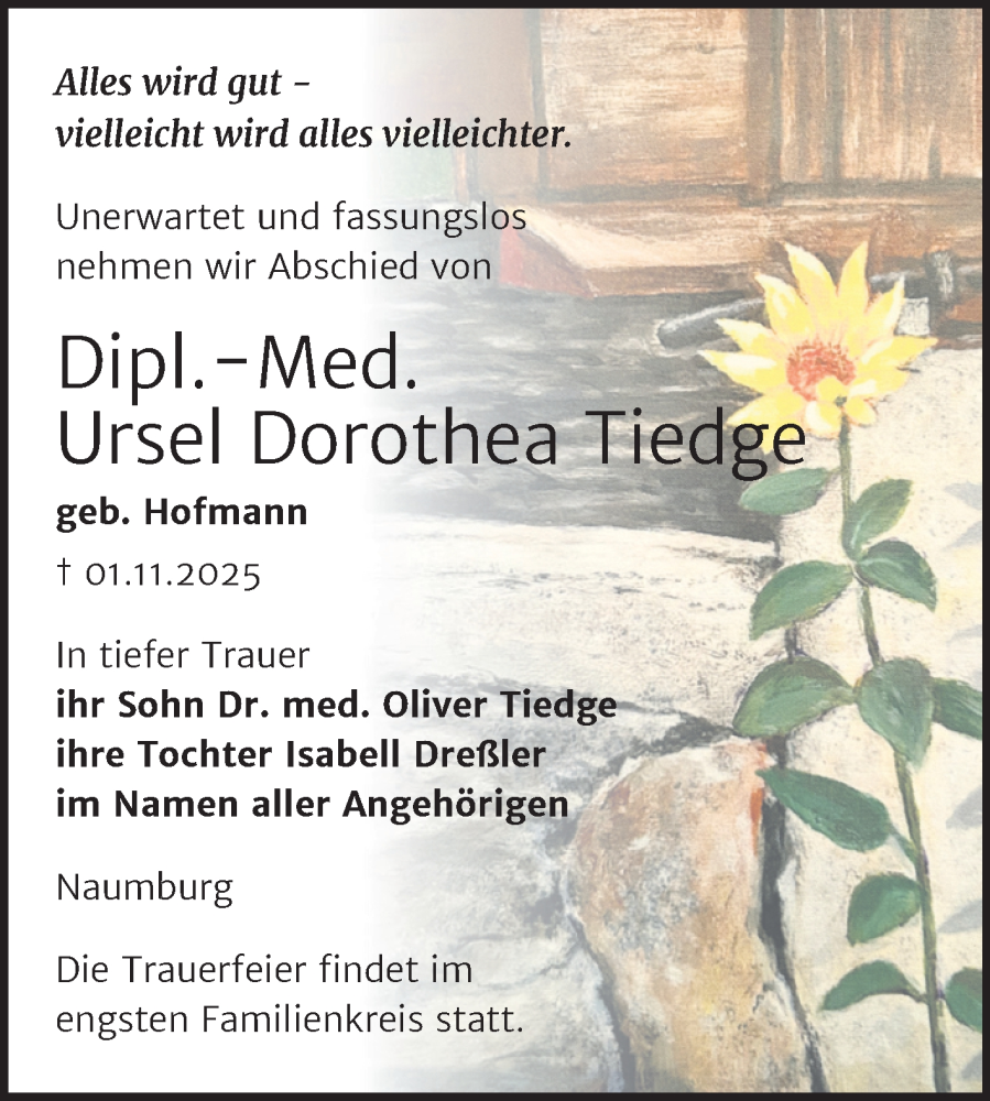  Traueranzeige für Ursel Dorothea Tiedge vom 15.11.2025 aus Naumburger Tageblatt