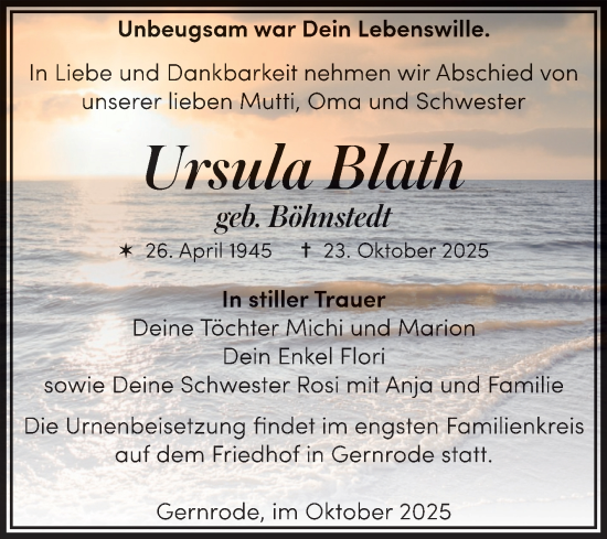 Traueranzeige von Ursula Blath von Trauerkombi Quedlinburg
