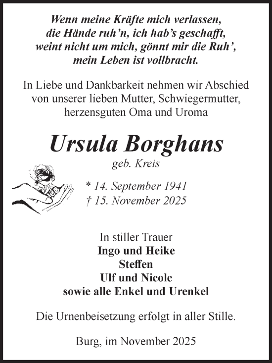 Traueranzeige von Ursula Borghans von Volksstimme Burg/Genthin