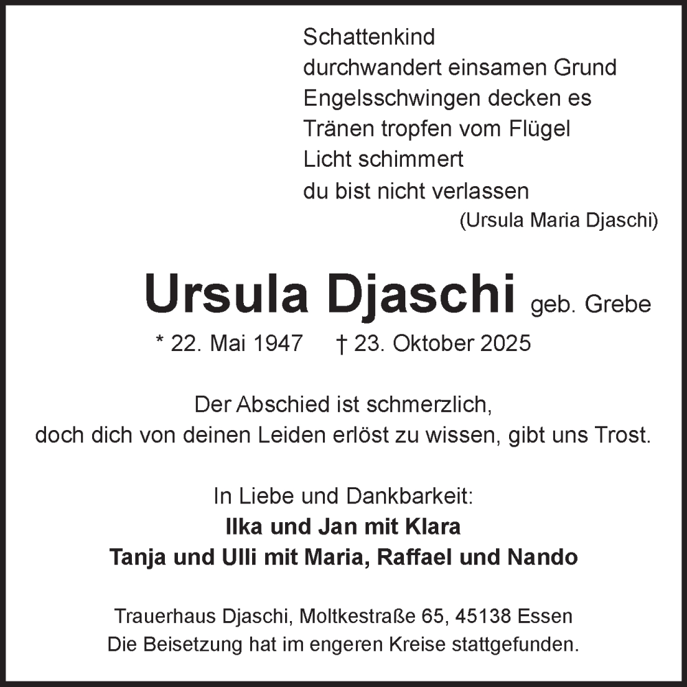  Traueranzeige für Ursula Djaschi vom 08.11.2025 aus Volksstimme Burg/Genthin