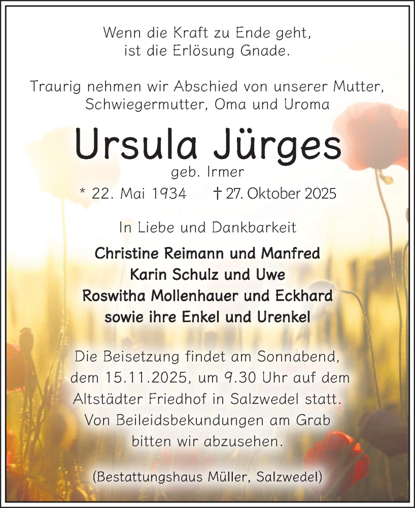  Traueranzeige für Ursula Jürges vom 01.11.2025 aus Volksstimme Altmark West