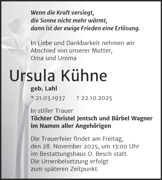 Traueranzeige von Ursula Kühne von Trauerkombi Dessau