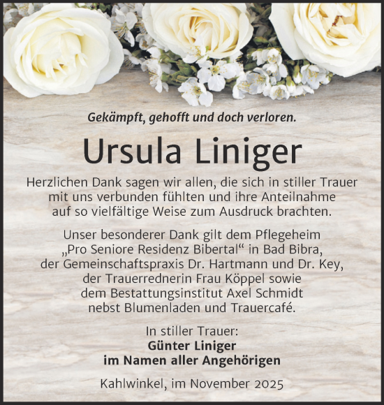 Traueranzeige von Ursula Liniger von Super Sonntag Naumburg/Nebra