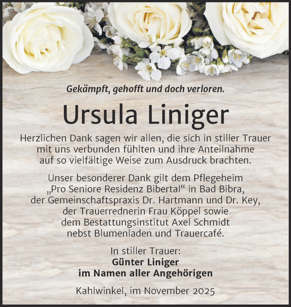  Traueranzeige für Ursula Liniger vom 15.11.2025 aus Super Sonntag Naumburg/Nebra