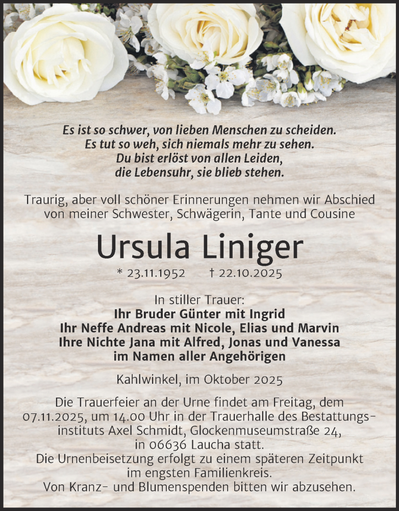  Traueranzeige für Ursula Liniger vom 01.11.2025 aus Super Sonntag Naumburg/Nebra
