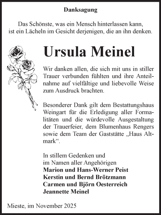Traueranzeige von Ursula Meinel von Volksstimme Altmark West