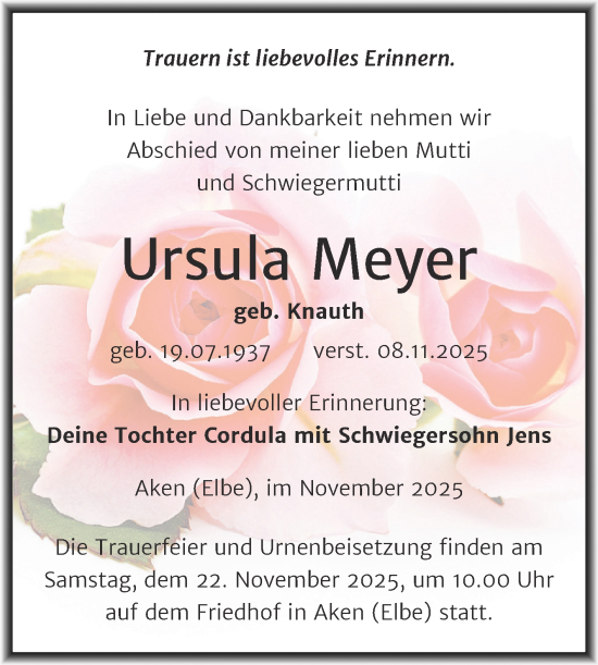 Traueranzeige von Ursula Meyer von Trauerkombi Köthen