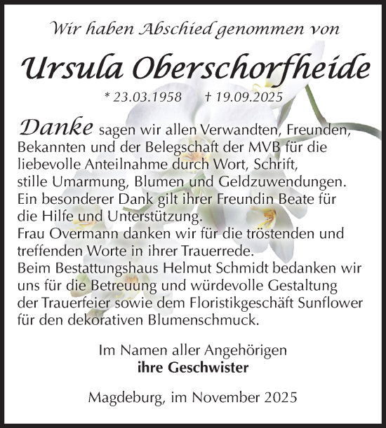 Traueranzeige von Ursula Oberschorfheide von Volksstimme Magdeburg