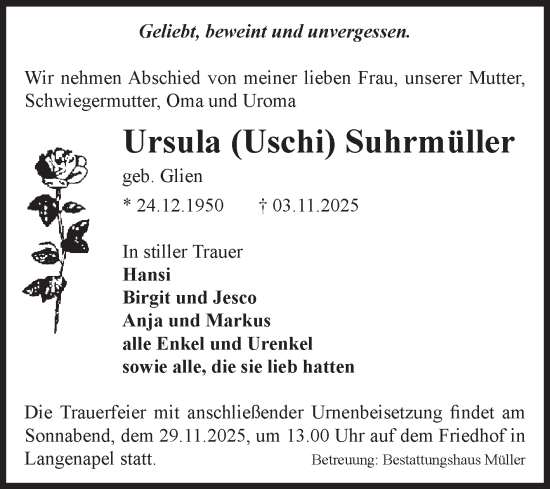 Traueranzeige von Ursula Suhrmüller von Volksstimme Altmark West