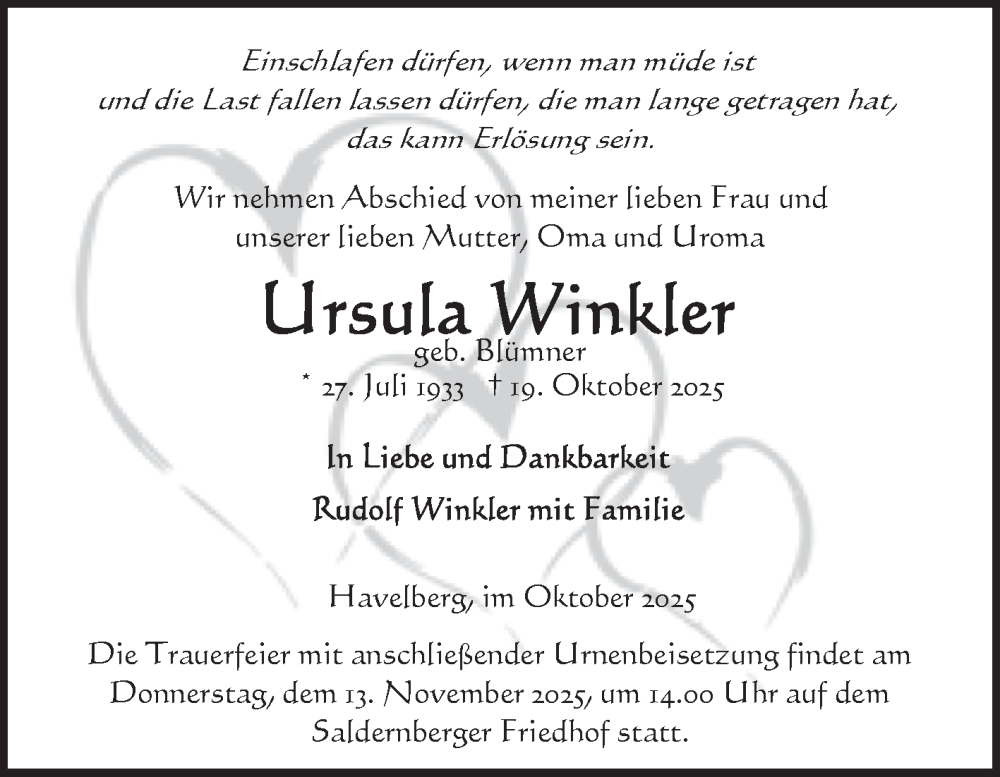  Traueranzeige für Ursula Winkler vom 01.11.2025 aus Volksstimme Altmark Ost